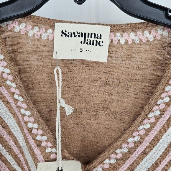 Savanna Jane Tan Embroidered Babydoll Knit Relaxed Fit Women's Size Small Nwt - Picture 7 of 9